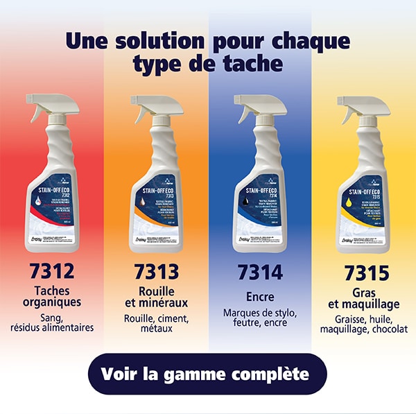 🧴 Une solution pour chaque type de tache :
🔴 7312 – Taches organiques
Sang, résidus alimentaires
🟡 7313 – Rouille et minéraux
Rouille, ciment, métaux
➡️ Formule à base d’acides organiques
🔵 7314 – Encre
Marques de stylo, feutre, encre
🟢 7315 – Gras et maquillage
Graisse, huile, maquillage, chocolat
➡️ Puissant effet dégraissant